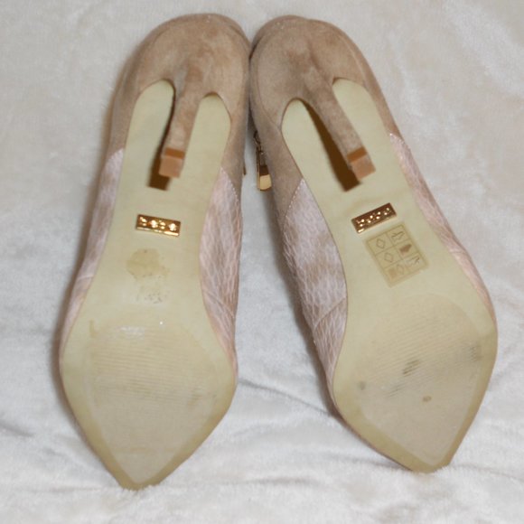 Bebe 6 Pink/Tan Faux Snakeskin Stiletto Heels Side Zip Faux Suede Detail - Picture 4 of 9